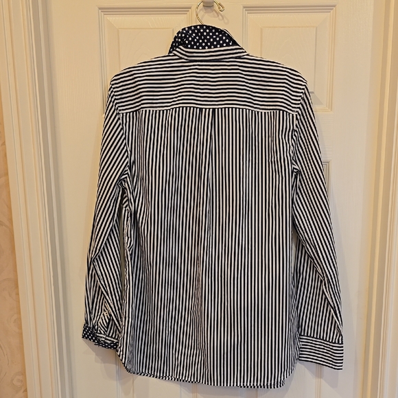 Talbots Navy and White Striped Button Down Blouse With Polkadot Trim - Picture 6 of 8